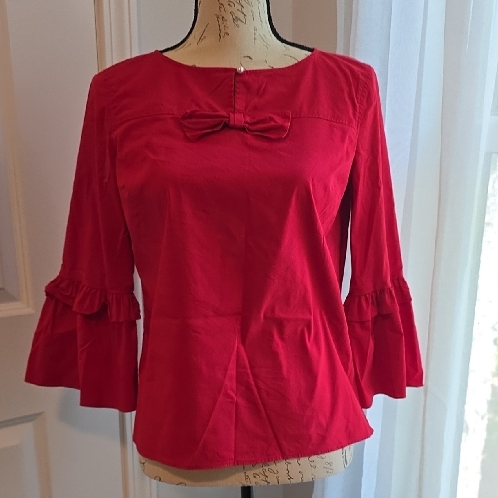 Talbots Red Blouse with Bow and Ruffled Sleeves